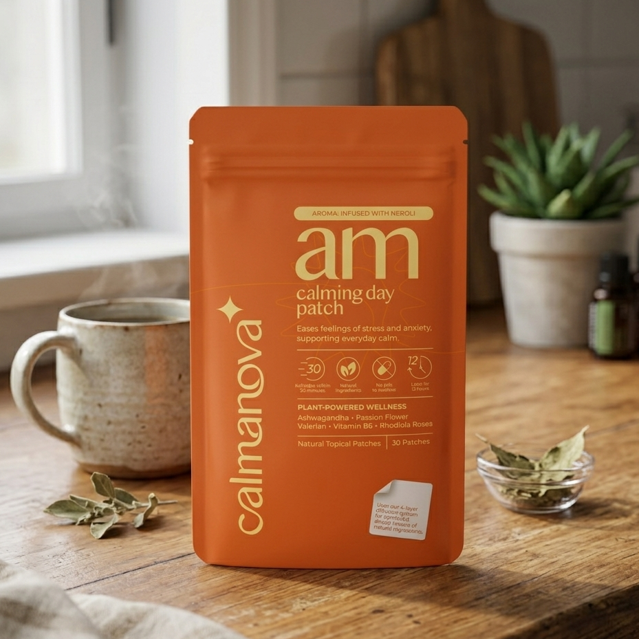 Calmanova am: day calming patch  package on a wooden table with a mug and plants in the background