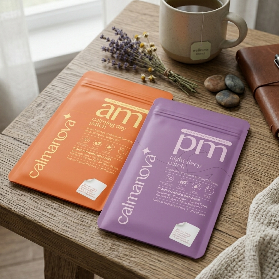Calmanova am:day calming patch and pm: night sleep patch packages on a wooden table with a mug and lavender.
