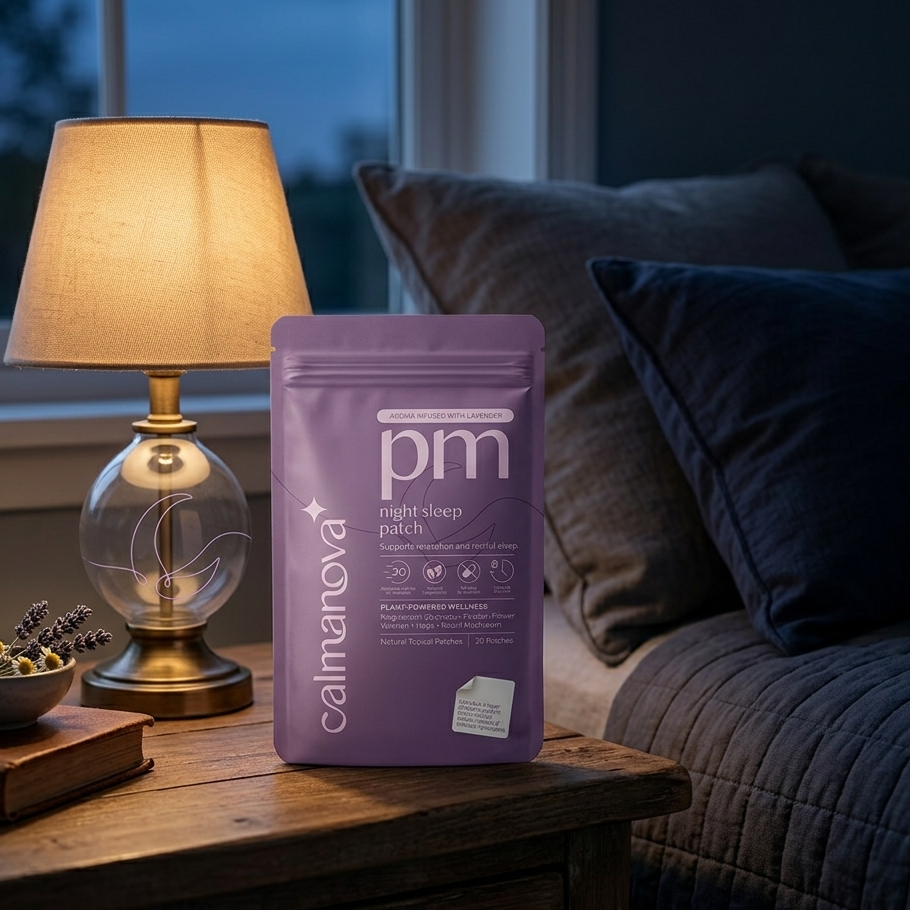 Calmanova pm: night sleep patch package on a wooden table with a lamp and pillows in the background.